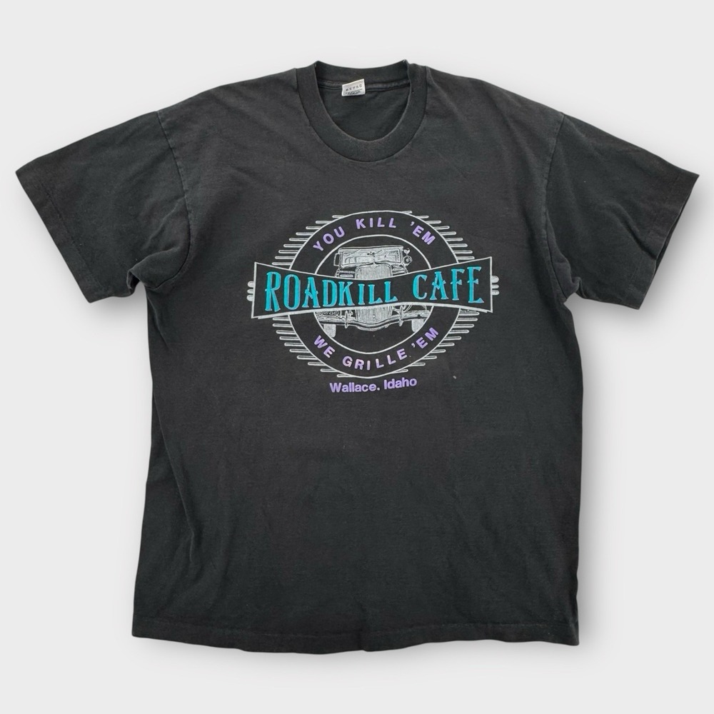 Vintage Roadkill Cafe T-Shirt Mens XL Wallace Idaho Menu‎ Graphic Black USA FOTL